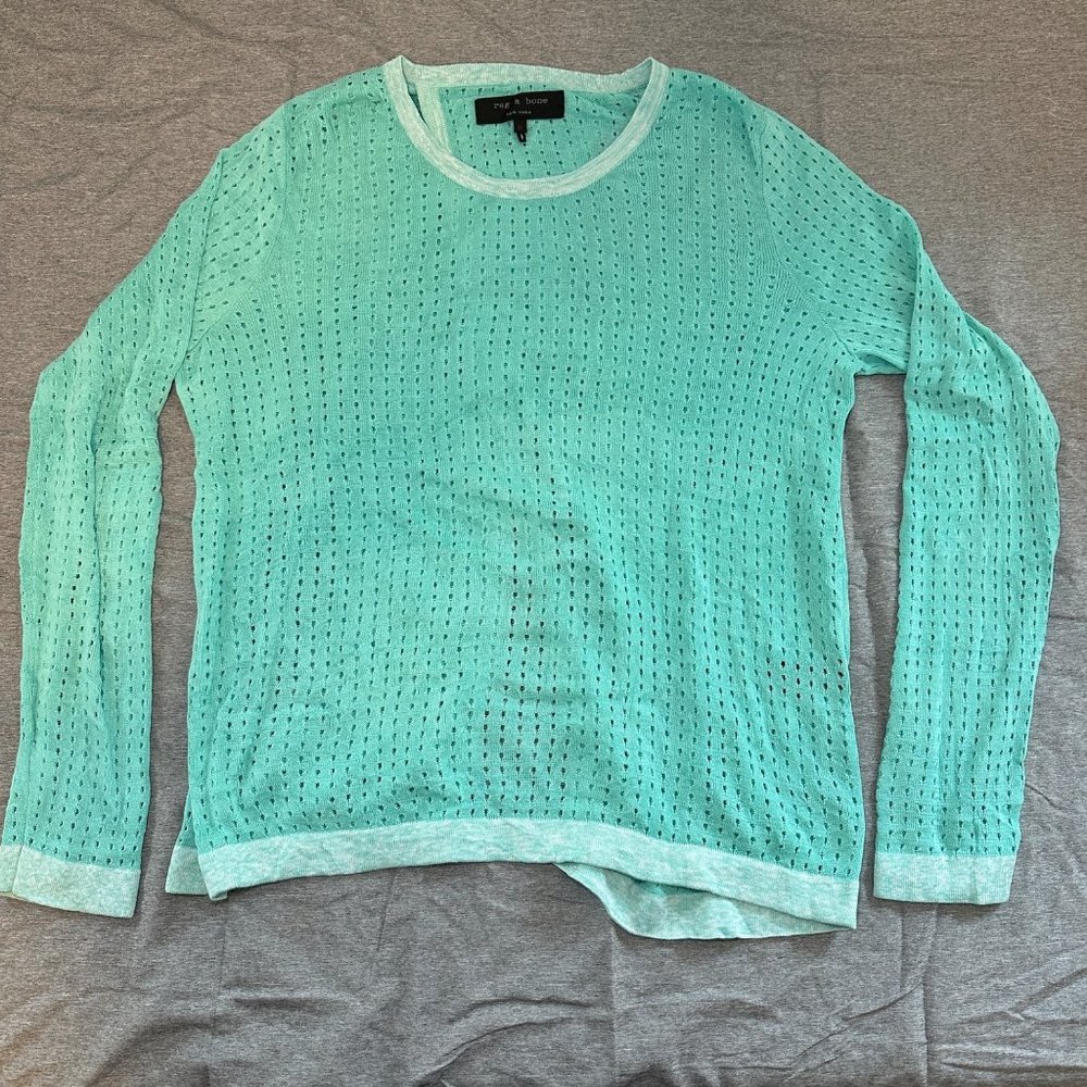 Rag‎ & Bone, Teal Long Sleeve 100% Cotton Blouse Mesh Open Back, Women Medium